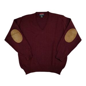 Vintage Robert Banks Maroon Merino Wool V-Neck Sweater Large Elbow Patches